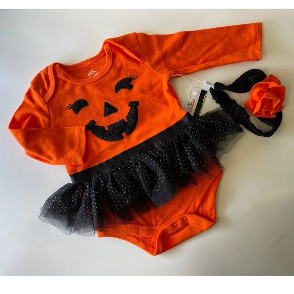 Way To Celebrate Halloween Pumpkin Bodysuit Costume 2 Piece Set 3-6 Months NEW - Picture 1 of 10